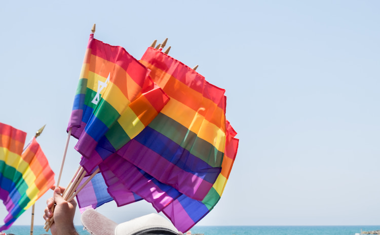 A hand holds many small rainbow flags into the sky