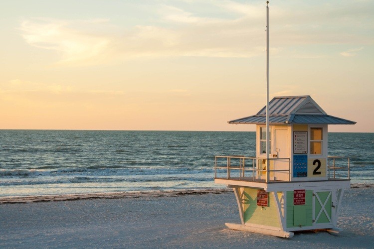 Lifeguard tower on Clearwater Beach at sunset