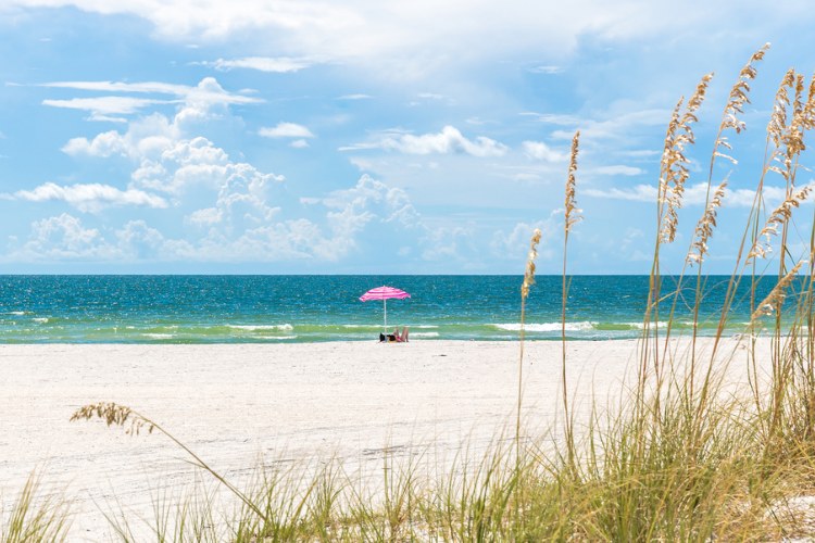 Woman lounging under pink umbrella on the beach