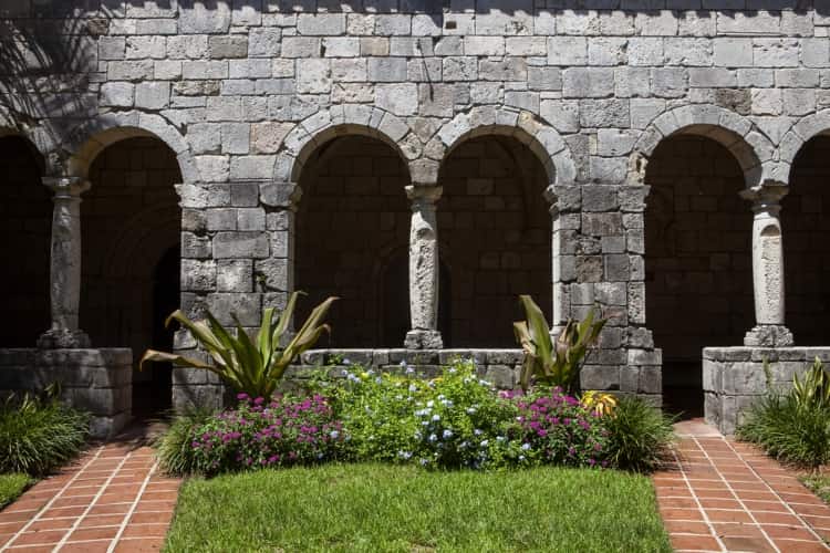 The external stone brick facade of the Ancient Spanish Monastery in Miami, Florida