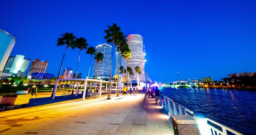 the Tampa Riverwalk at sunset