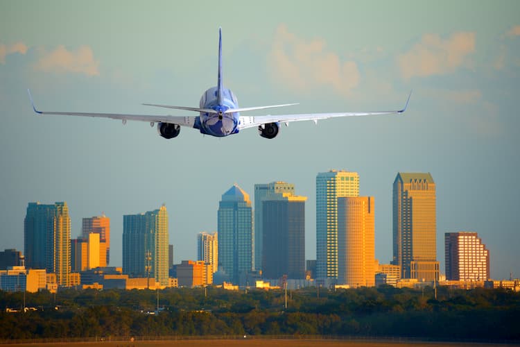 Plane approaching skyline of Tampa