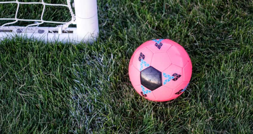 A pink soccer ball rests near a goal post on a green soccer field