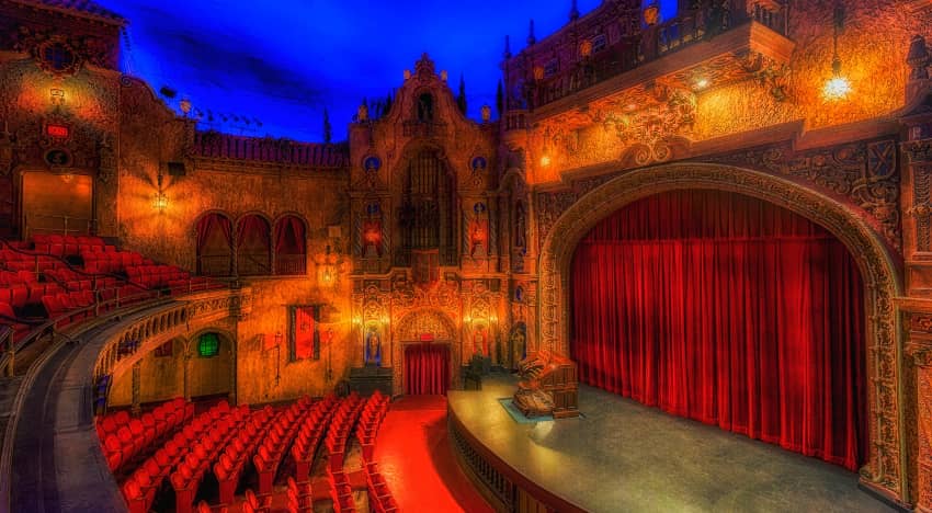 Interior of the Tampa Theatre in dim lighting