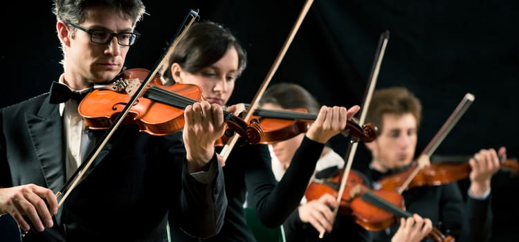 performers hold their violins and perform