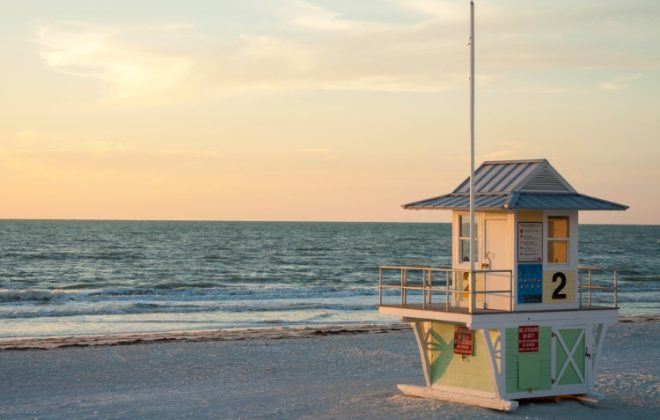Lifeguard tower on Clearwater Beach at sunset