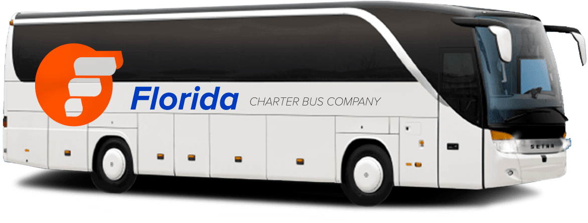 a plain white charter bus with a "Florida Charter Bus Company" logo