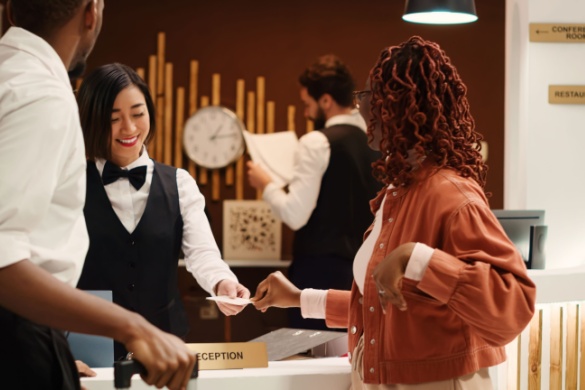 a young couple checks in at their hotel